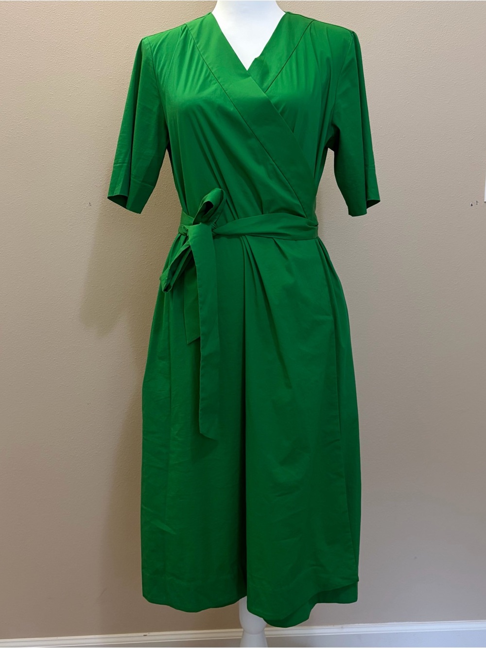 COS Green Wrap Dress Belted Cotton Blend V Neck Midi Women’s Size 8 EUC